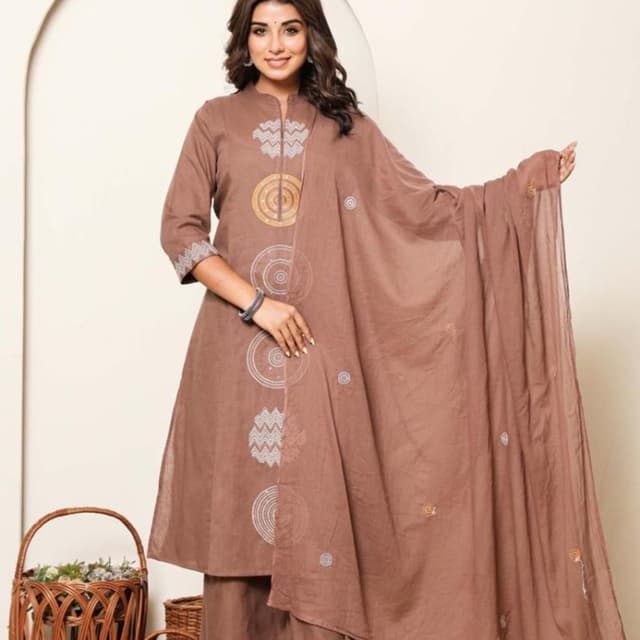 Brown, White, Gold Kurta Set