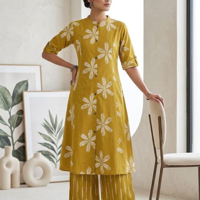 Mustard Yellow with White floral print Kurta and Palazzo Set