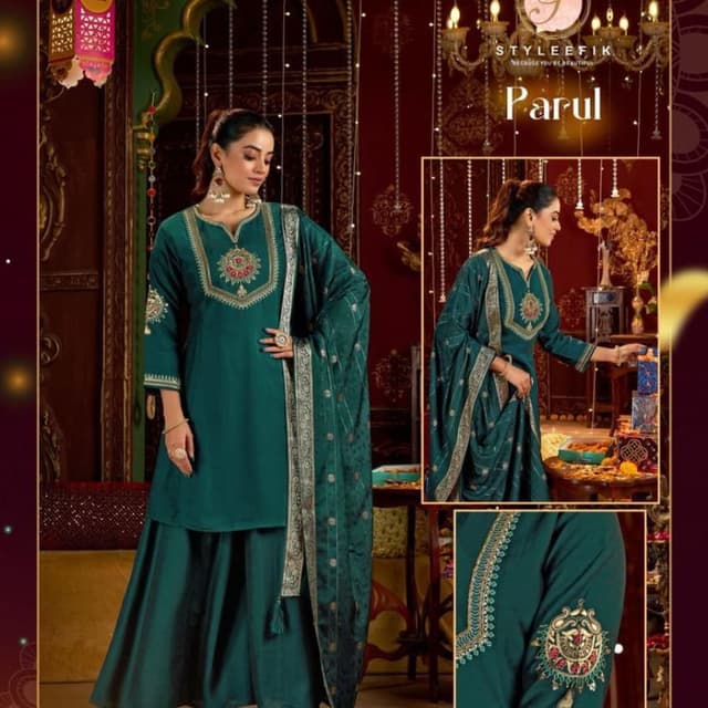 Teal Green with Gold and Red accents Kurta with Palazzo pants and Dupatta