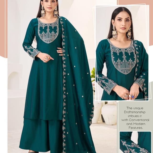 Teal Green with Silver and Pink embroidery Salwar Kameez Set