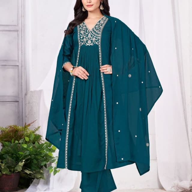Teal, White Kurta Set