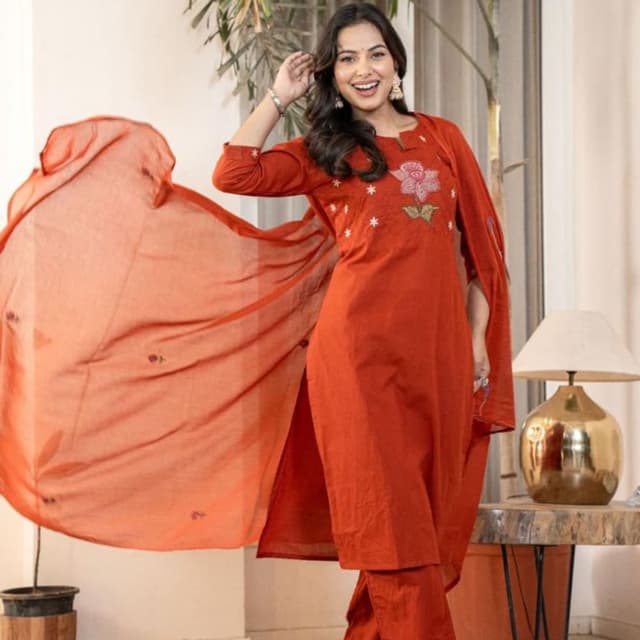 Terracotta orange with light pink and green embroidery Kurta Set