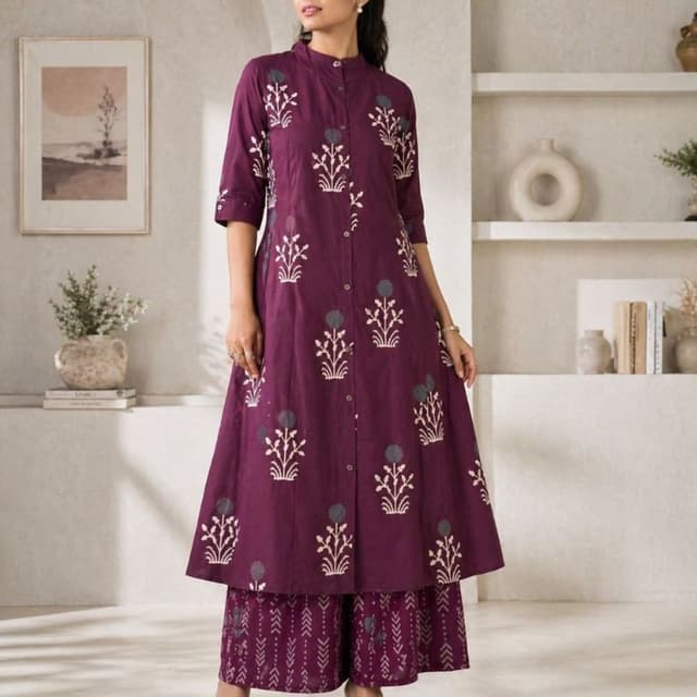 Deep Plum with White and Grey Print Kurta and Palazzo Set