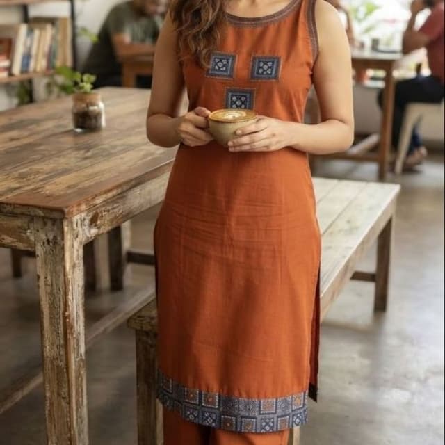 Rust Orange, Navy Blue, White Kurta and Palazzo Set