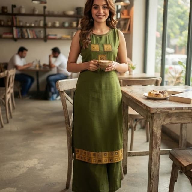 Olive Green, Mustard Yellow Kurta and Palazzo Set