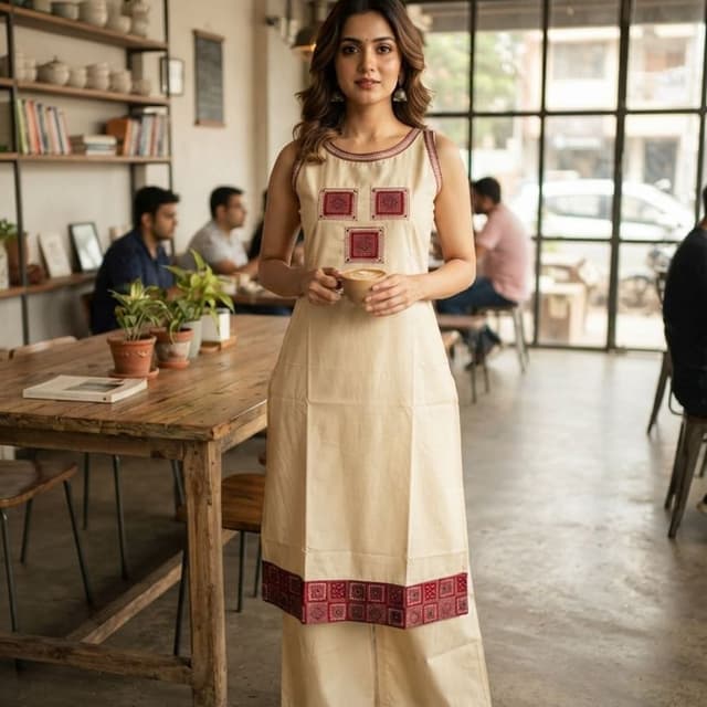 Cream with Red accents Kurta with Palazzo Pants