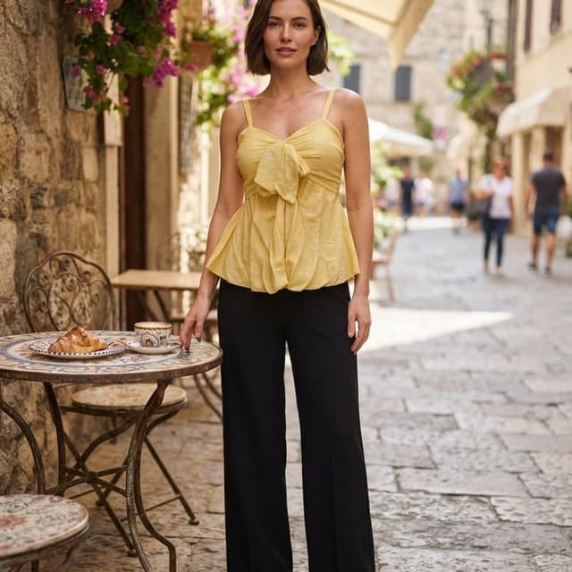 Yellow, Black Peplum Top and Wide Leg Pants