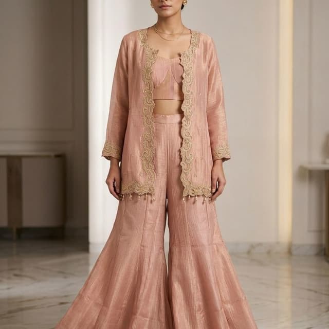 Peach with Gold Embellishments Sharara Set with Jacket