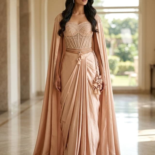 Peach, Beige Lehenga Choli with Cape