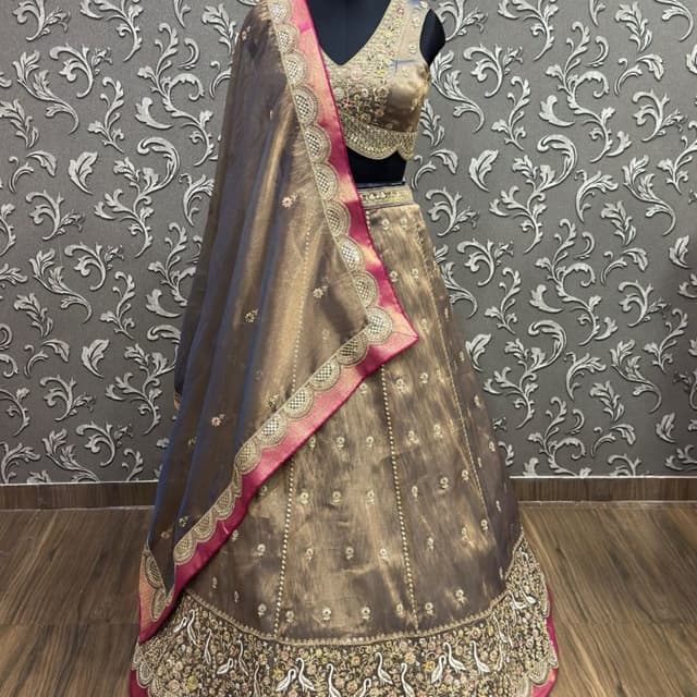 Coffee brown, antique gold, and hot pink border highlights Lehenga Choli
