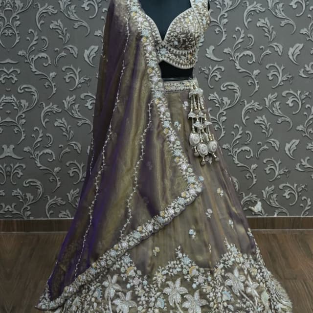 Deep purple, muted metallic bronze/brown with silver and white accents Lehenga Choli