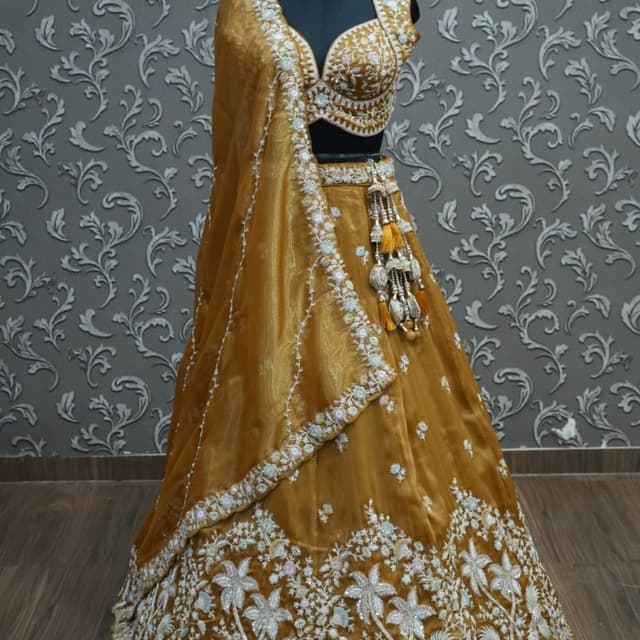 Mustard yellow with silver and white embroidery Lehenga Choli