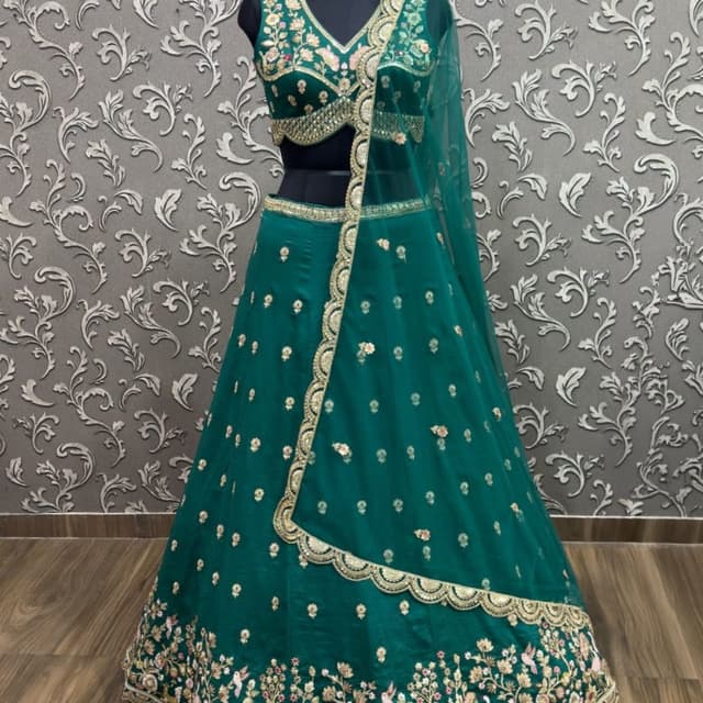 Emerald Green, Gold, Pink, Cream Lehenga Choli