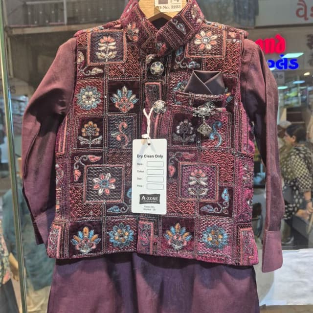 Deep maroon, plum, and purple with multicolored floral embroidery in shades of light blue, orange, and pink Nehru Jacket with Kurta