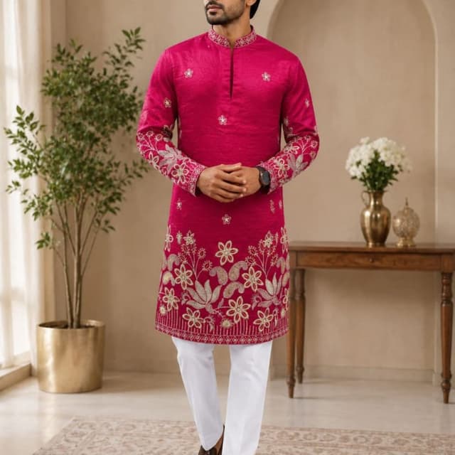Magenta pink with silver and gold metallic embroidery Kurta