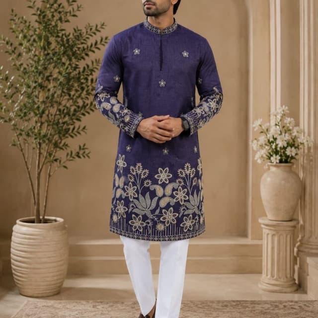 Deep indigo blue base with cream/off-white embroidery Kurta