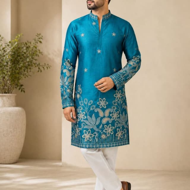 Deep teal blue with light gold/beige embroidery Kurta