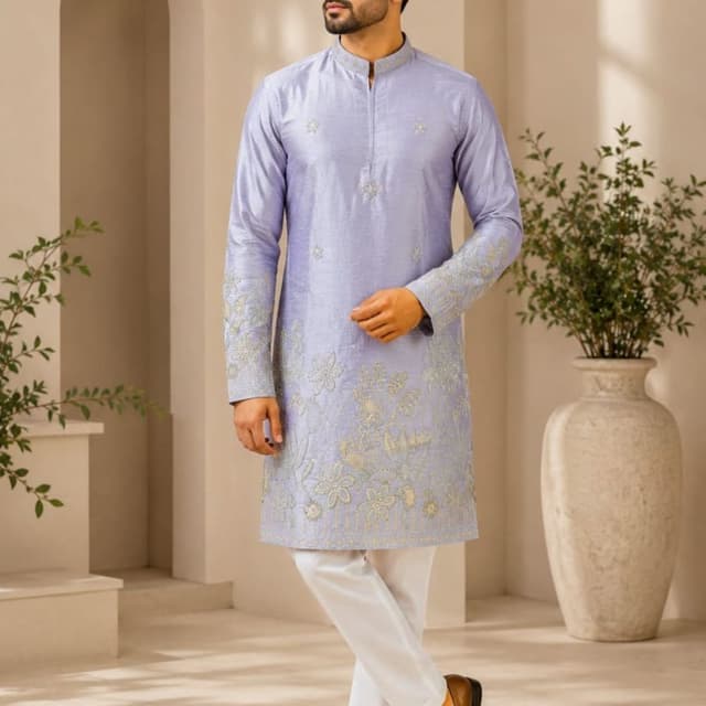 Periwinkle blue with metallic gold embroidery Kurta