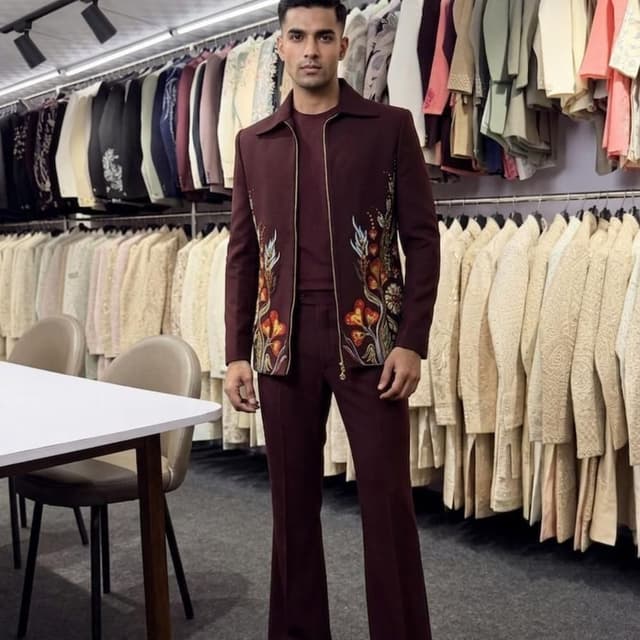 Deep maroon or burgundy with vibrant multicolored floral embroidery including orange, yellow, and blue tones Indo-Western Suit