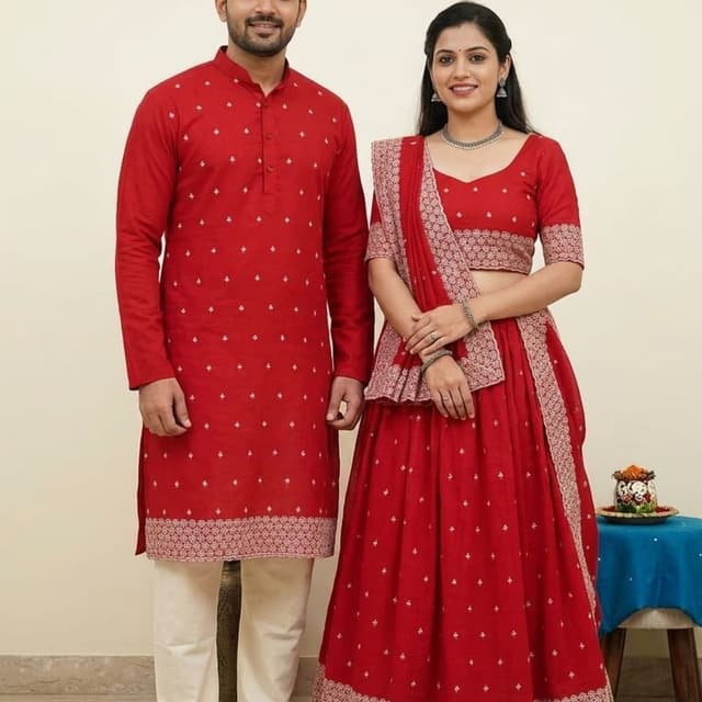 Red and Off-White Couples Ethnic Set (Kurta-Pajama and Lehenga Choli)