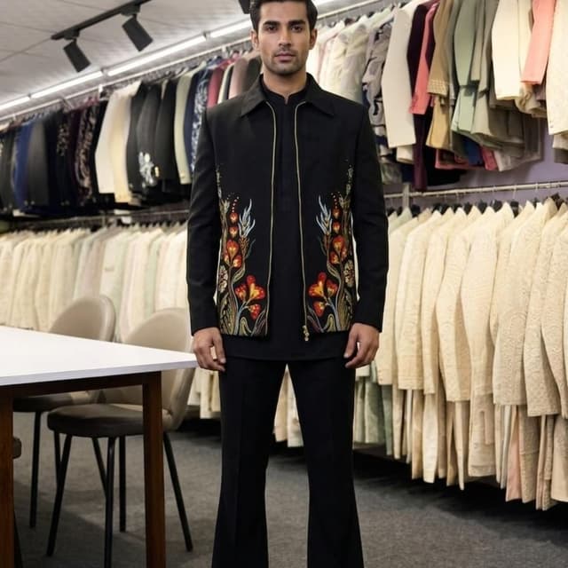 Black base with multi-colored floral embroidery in red, orange, blue, and gold tones Indo-Western Jodhpuri Suit