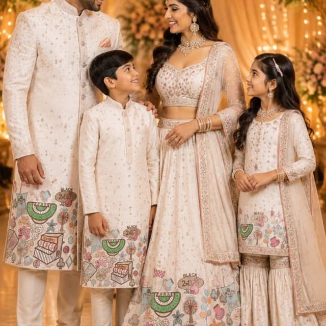Off-white base with multi-colored whimsical casino-themed prints Family Coordinated Ethnic Ensemble (Sherwani, Kurta Set, Lehenga Choli, Sharara Set)