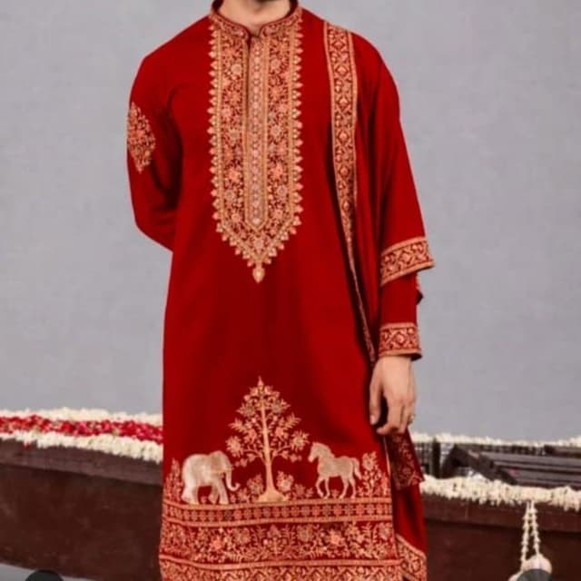 Deep Red with gold and beige accents Kurta with Dupatta