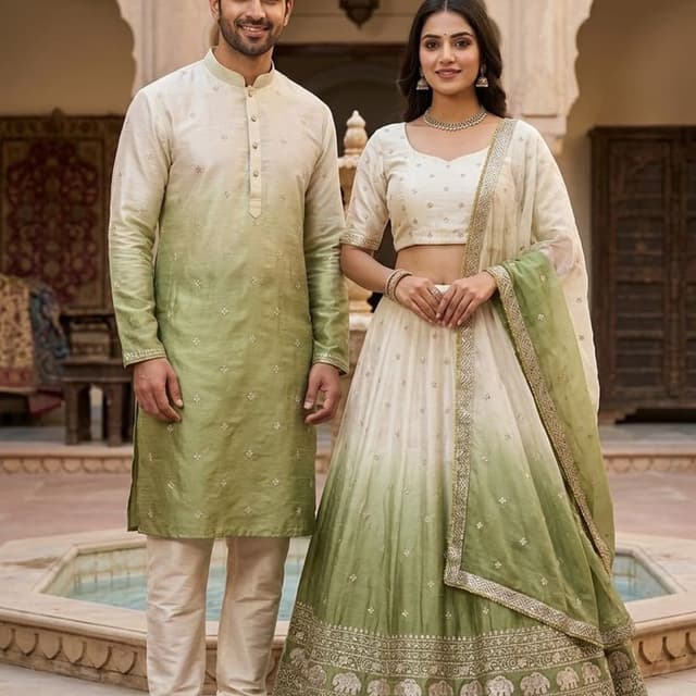 Off-white and Sage Green ombre Couple coordinated ethnic wear (Kurta set and Lehenga Choli)