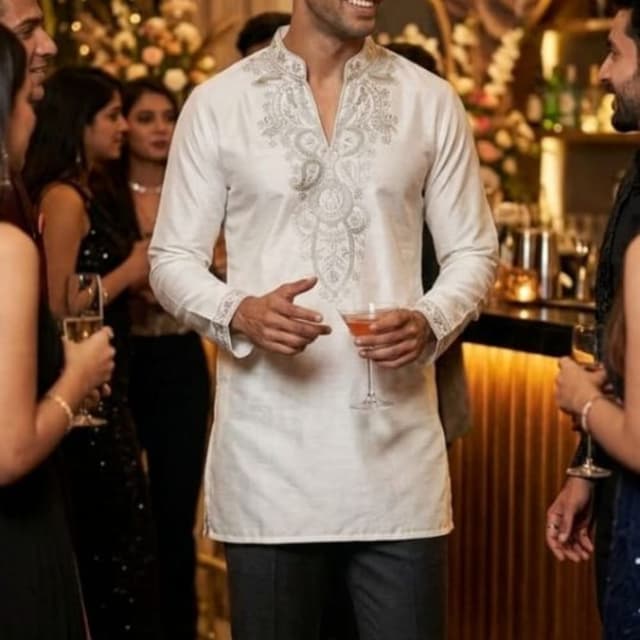 Off-white or cream kurta with grey embroidery, worn with grey trousers Kurta
