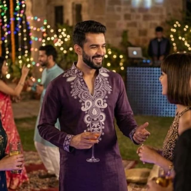Deep purple base with crisp white embroidery Kurta