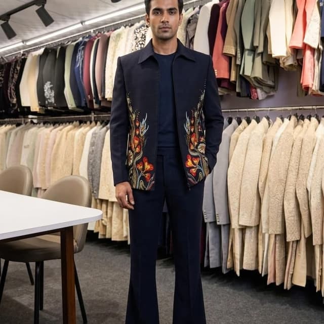Navy Blue with orange, red, yellow, and green floral embroidery Indo-Western Suit