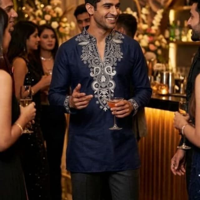 Navy blue base with silver/grey embroidery Kurta
