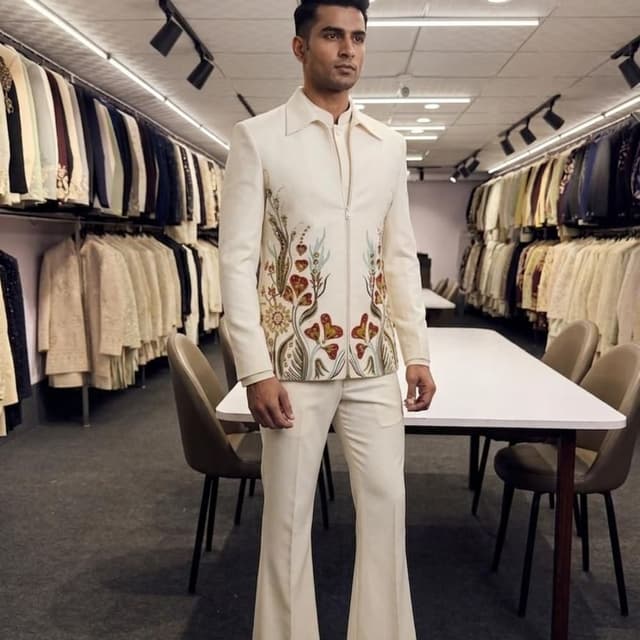 Off-white base with multi-colored floral embroidery including rust, olive green, and sage Jacket and Trouser Set