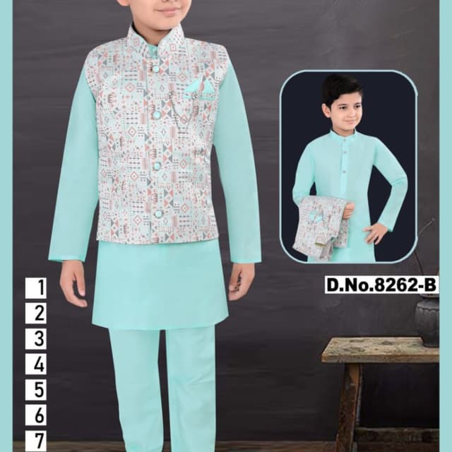 Mint Green, White, Grey, and hints of Orange/Peach Kurta Pyjama set with Nehru Jacket