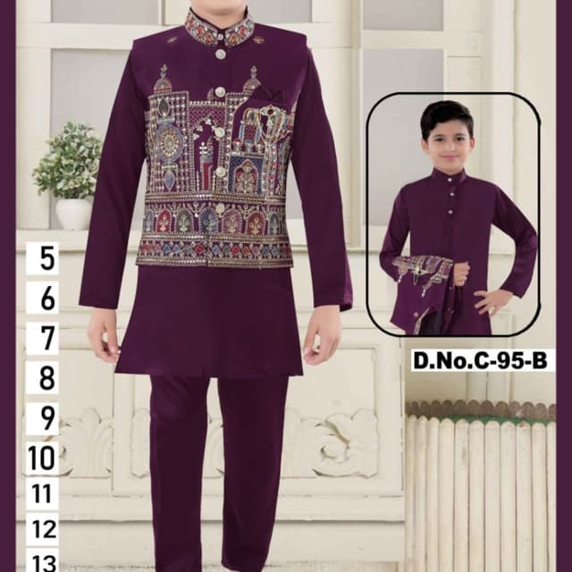 Deep Purple, Multicolor embroidery Indo-Western Set (Kurta, Pants, and Vest)