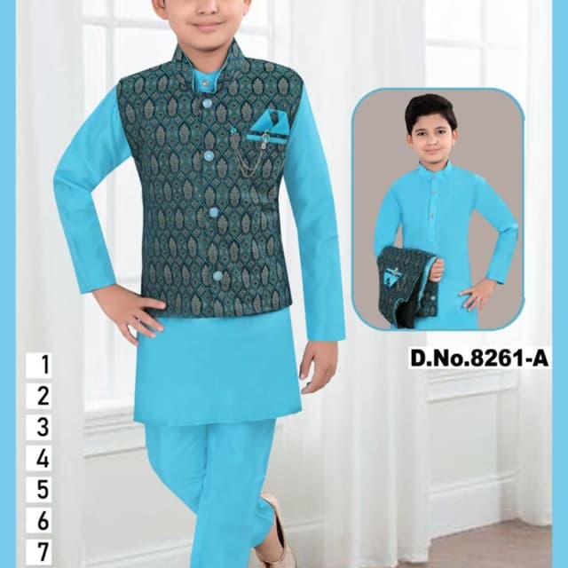 Sky Blue and Teal/Dark Green Kurta Pyjama with Nehru Jacket