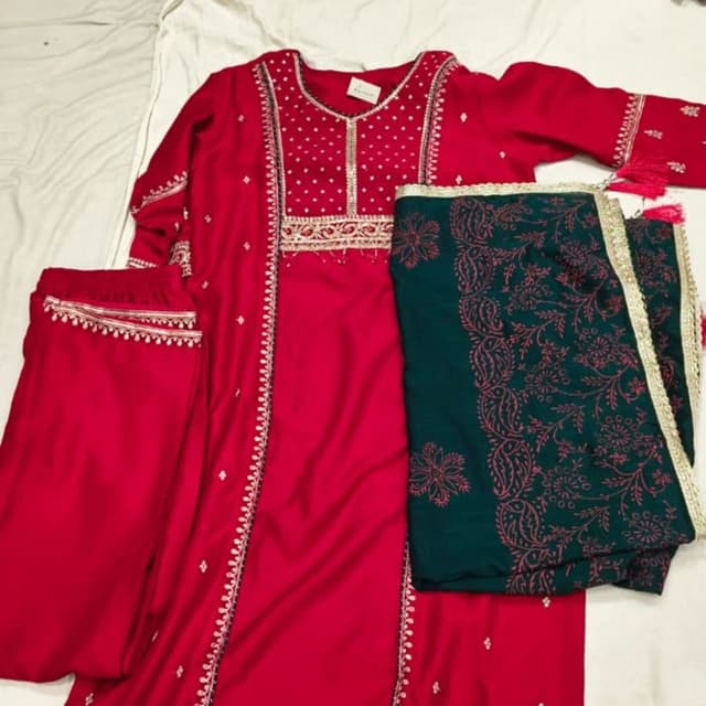 Red, Dark Green, Gold Salwar Kameez Set