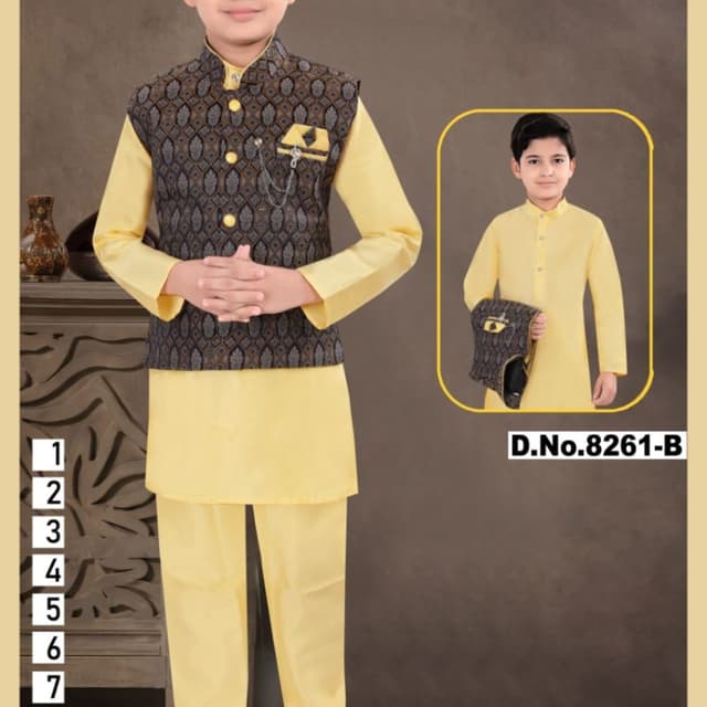 Light yellow and dark grey with gold accents Kurta Pyjama with Nehru Jacket set