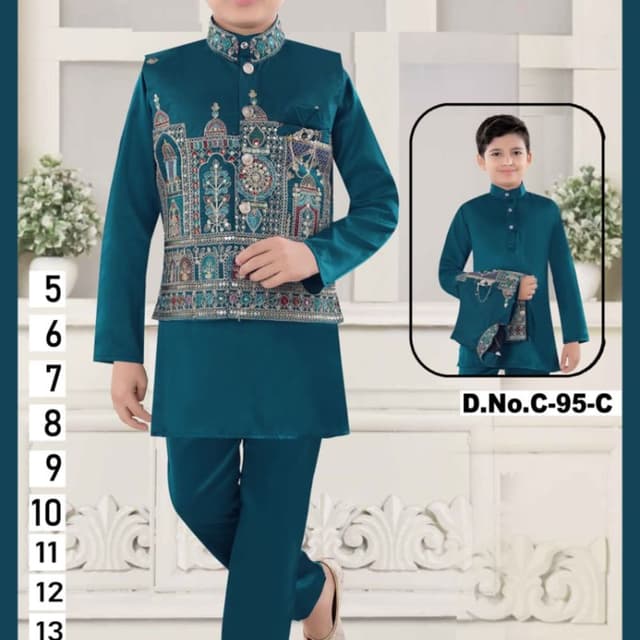 Teal, Multi-color embroidery accents Indo-Western Sherwani Set