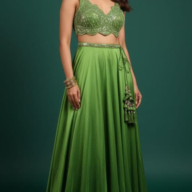 Monochromatic vibrant parrot green Lehenga Choli