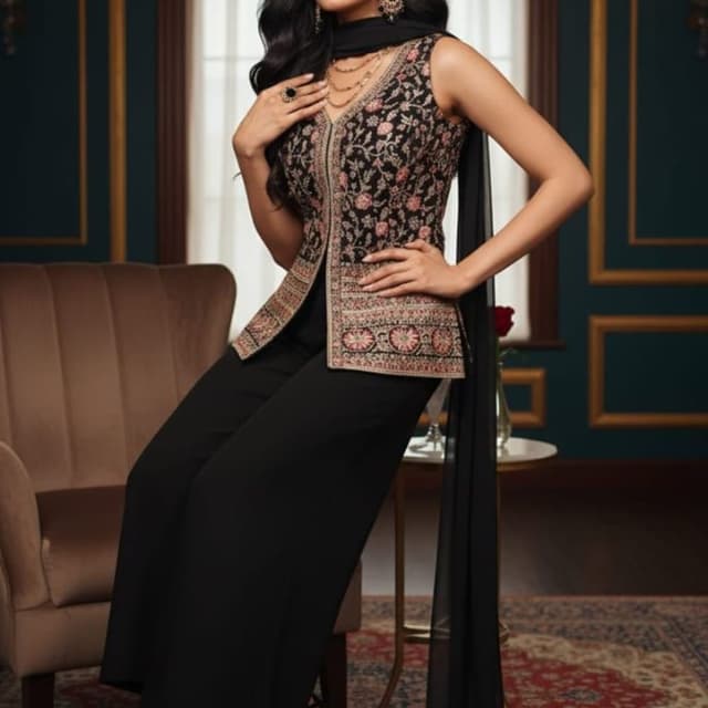 Black base with pink, beige, and sage green embroidery Jacket style top with trousers and dupatta