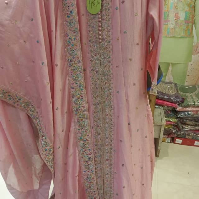 Pastel pink base with multi-colored metallic embroidery Kurti with Dupatta