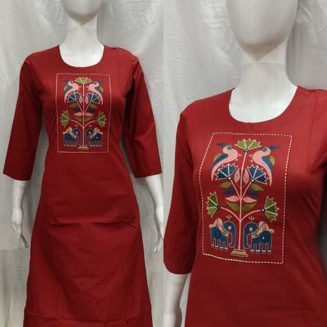 Solid red base with multicolor embroidery including pink, blue, green, and white details Kurti