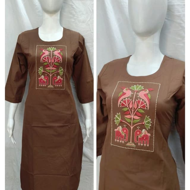 Brown base with pink, green, and off-white embroidery Kurti