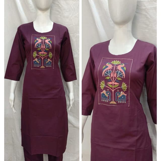 Deep purple base with multi-color embroidery including pink, blue, green, and cream Kurti with pants