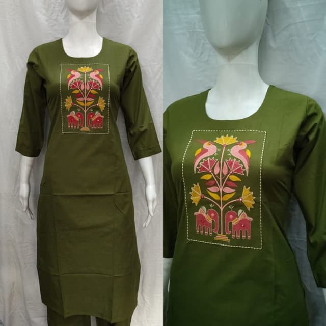 Olive green base with accents of pink, yellow, and white embroidery Kurti with pants
