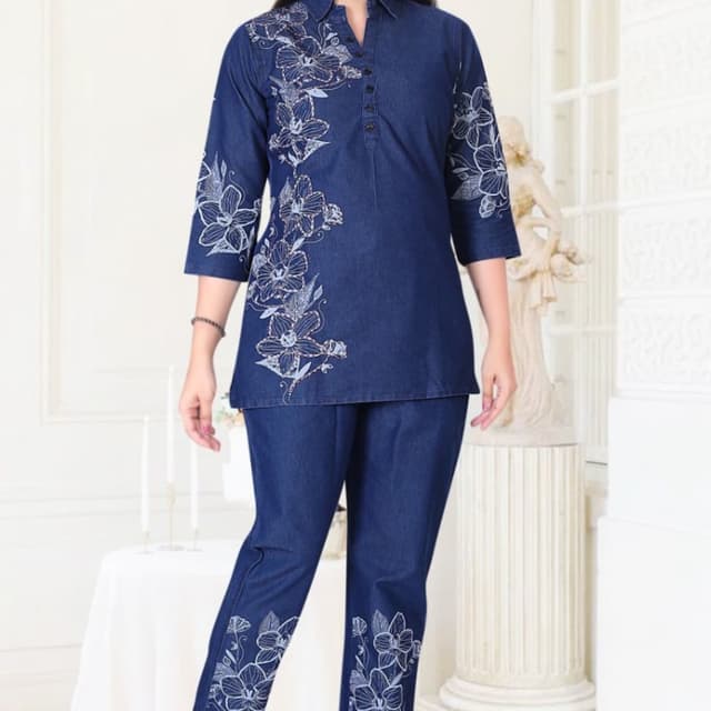 Dark Blue Denim with White Embroidery Co-ord Set
