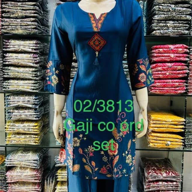 Deep Peacock Blue with accents of Red, Orange, and Green Co-ord Set (Kurti and Palazzo)