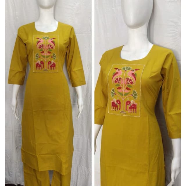 Mustard yellow base with pink, red, green, and white embroidery accents Kurti with pants set