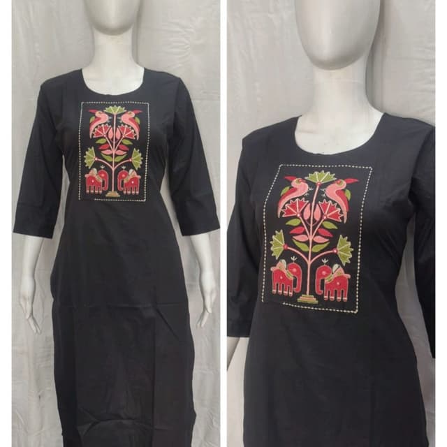 Black base with pink, green, and cream accents Kurti